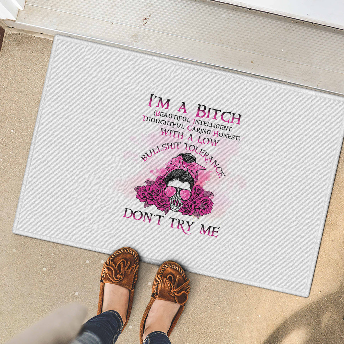 I'm A B Don't Try Me Rose Messy Bun Rubber Doormat - Wonder Print Shop