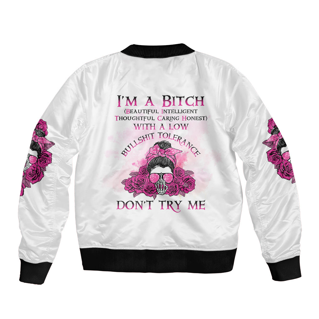 I'm A B Don't Try Me Rose Messy Bun Sleeve Zip Bomber Jacket - Wonder Print Shop