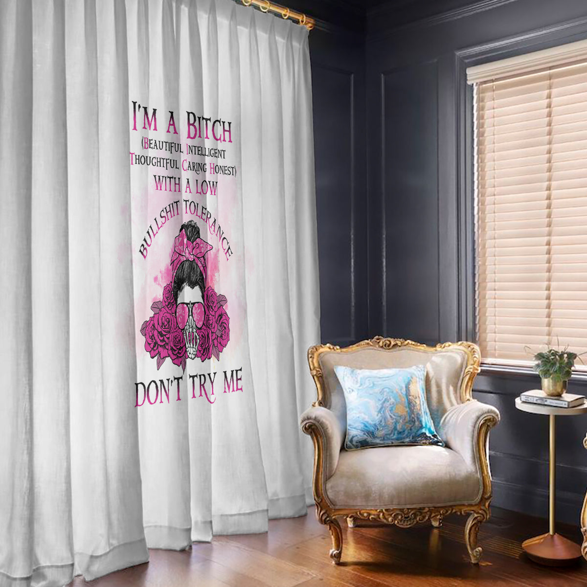 I'm A B Don't Try Me Rose Messy Bun Window Curtain - Wonder Print Shop
