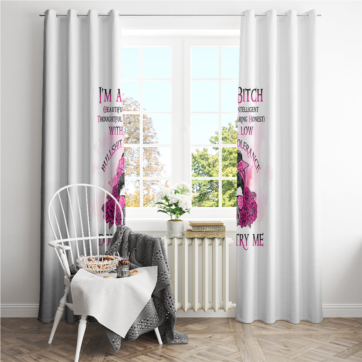 I'm A B Don't Try Me Rose Messy Bun Window Curtain - Wonder Print Shop