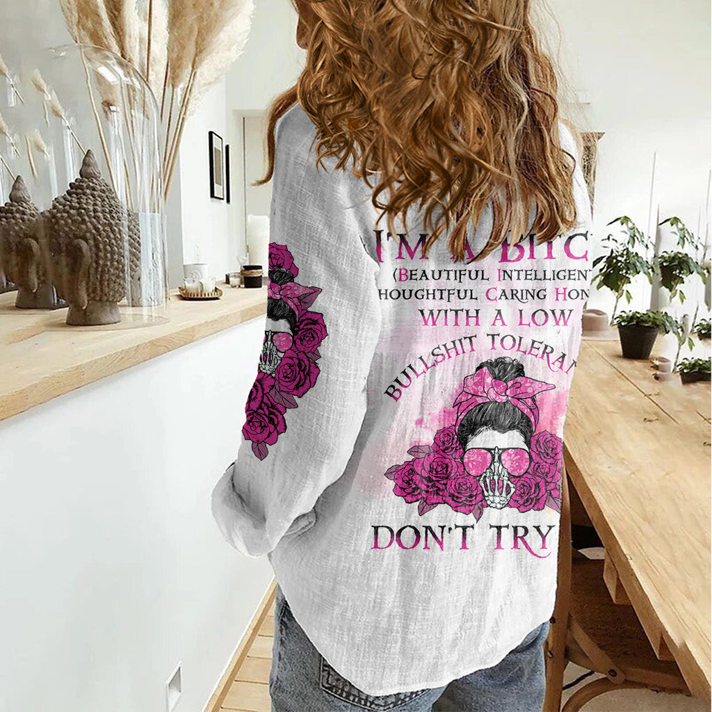 I'm A B Don't Try Me Rose Messy Bun Women Casual Shirt - Wonder Print Shop