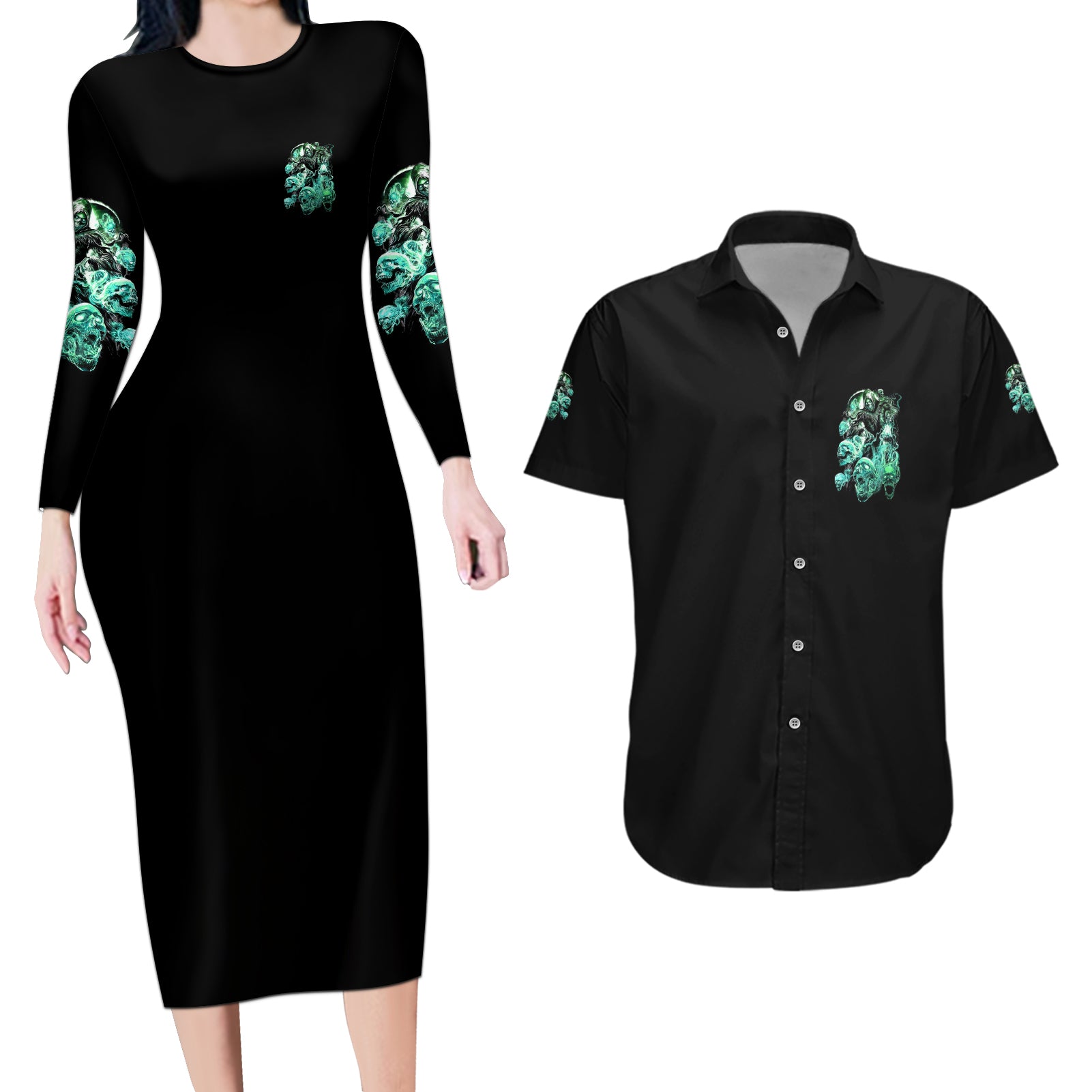 I'm Never Alone Skull Reaper Couples Matching Long Sleeve Bodycon Dress and Hawaiian Shirt - Wonder Print Shop