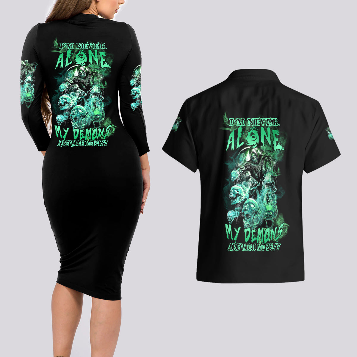 I'm Never Alone Skull Reaper Couples Matching Long Sleeve Bodycon Dress and Hawaiian Shirt - Wonder Print Shop