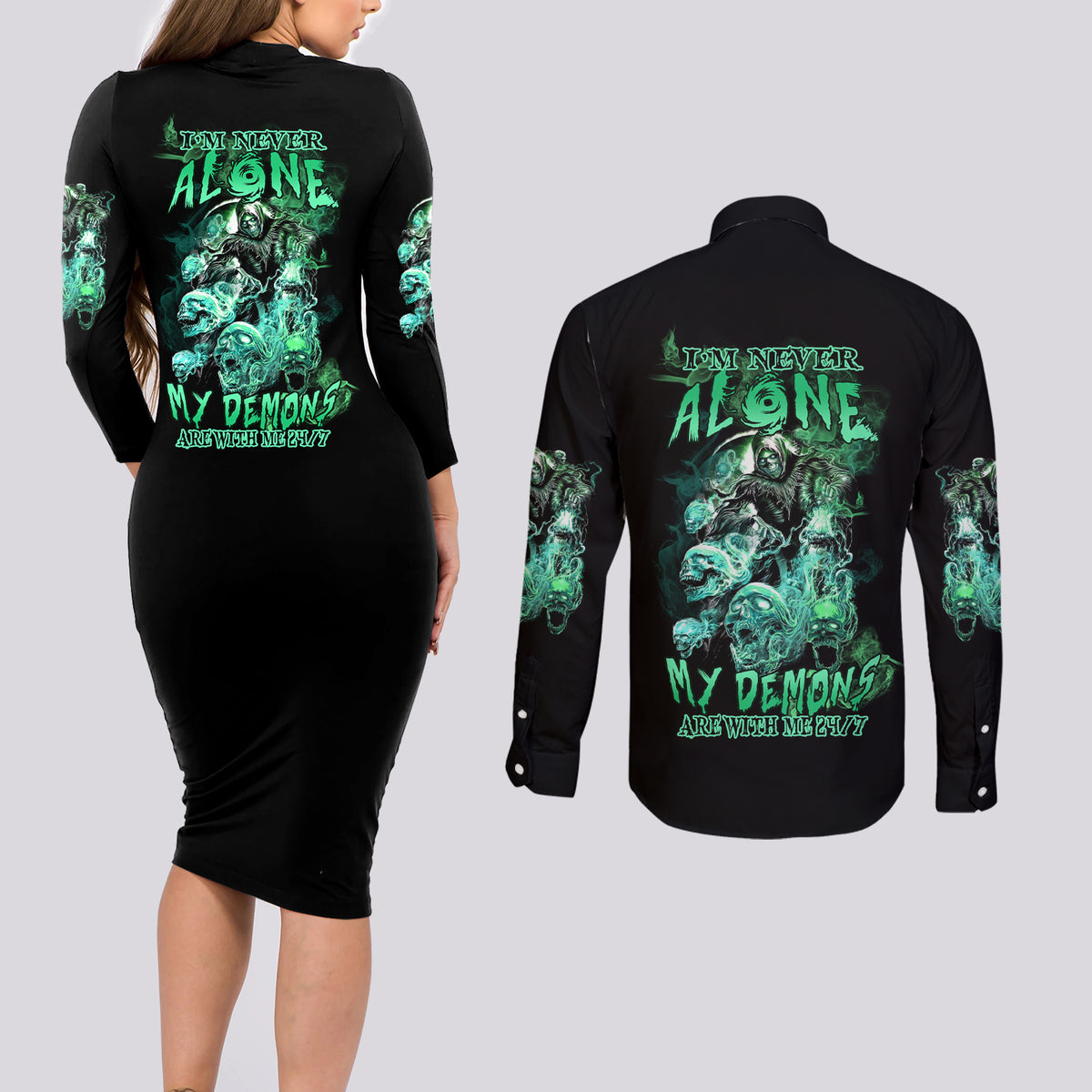 I'm Never Alone Skull Reaper Couples Matching Long Sleeve Bodycon Dress and Long Sleeve Button Shirt - Wonder Print Shop