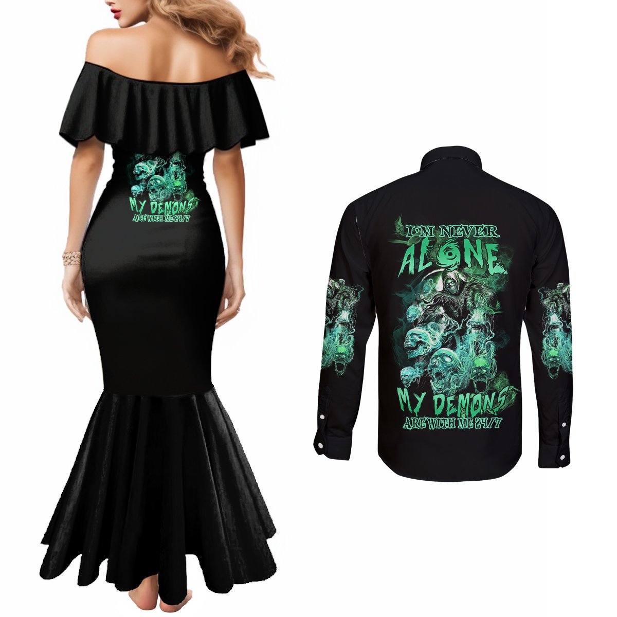 im-never-alone-skull-reaper-couples-matching-mermaid-dress-and-long-sleeve-button-shirt