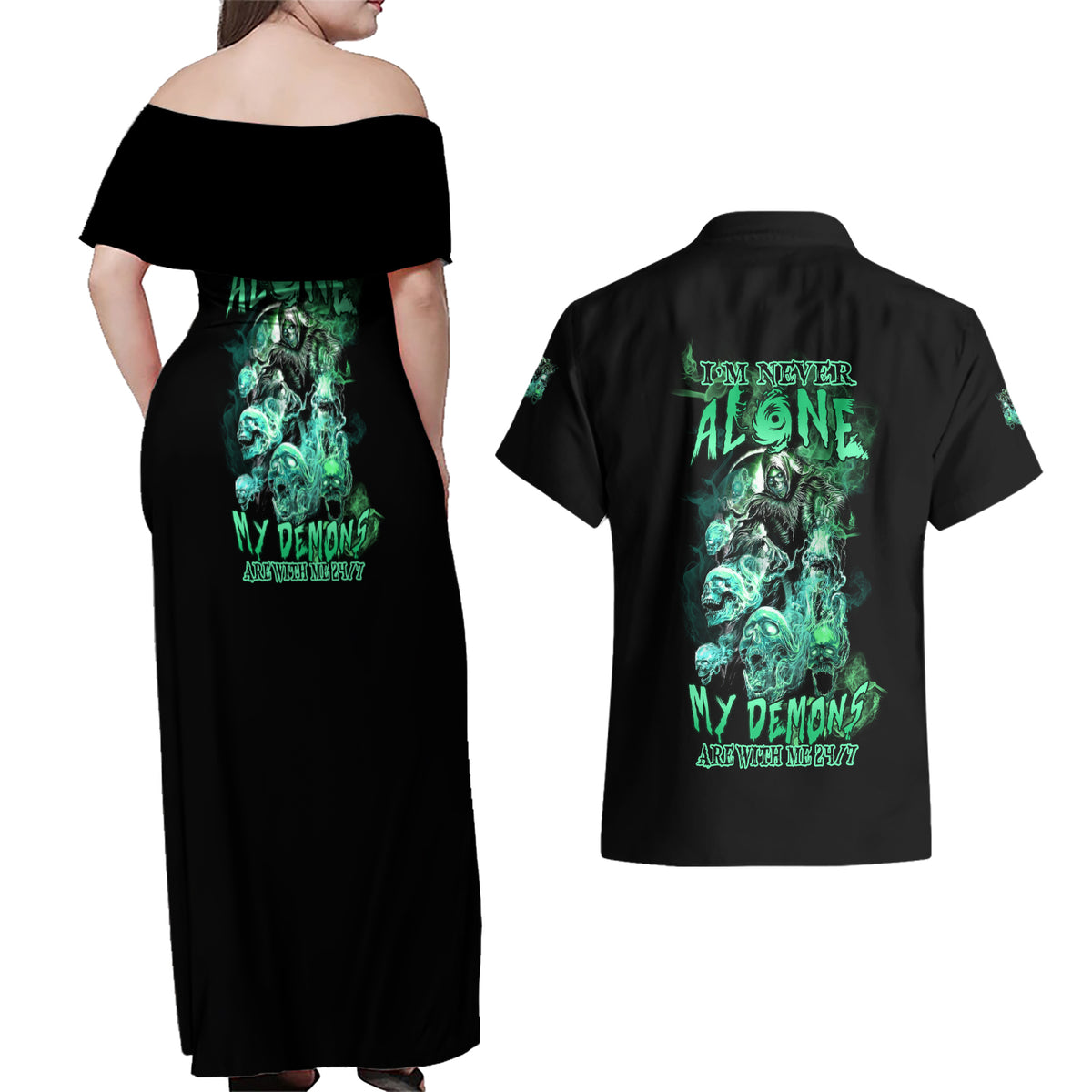 I'm Never Alone Skull Reaper Couples Matching Off Shoulder Maxi Dress and Hawaiian Shirt - Wonder Print Shop