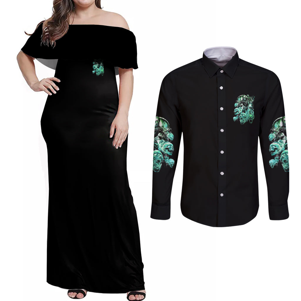 I'm Never Alone Skull Reaper Couples Matching Off Shoulder Maxi Dress and Long Sleeve Button Shirt - Wonder Print Shop