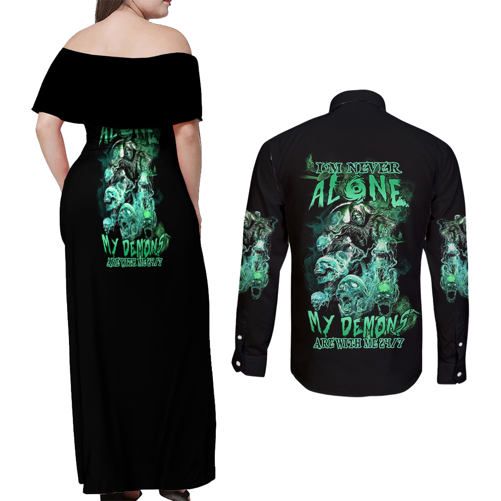 I'm Never Alone Skull Reaper Couples Matching Off Shoulder Maxi Dress and Long Sleeve Button Shirt - Wonder Print Shop