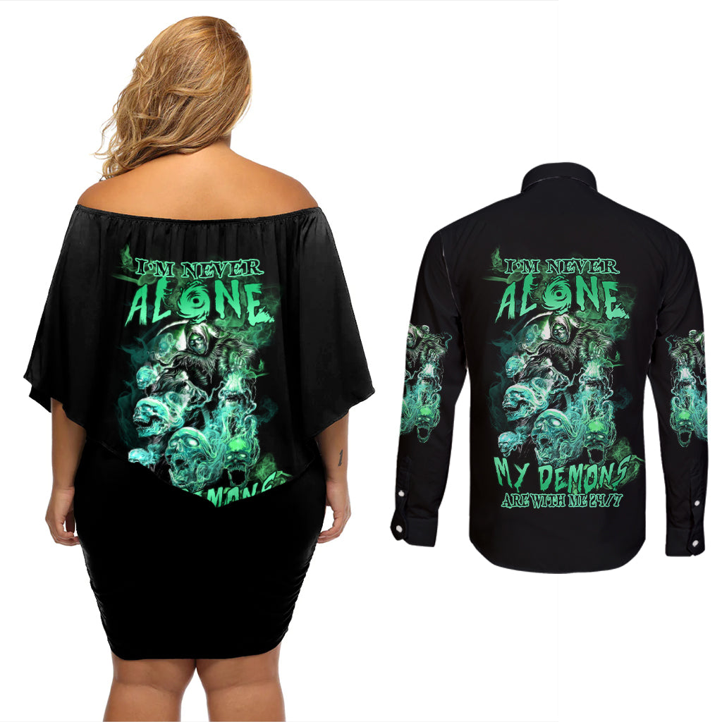 I'm Never Alone Skull Reaper Couples Matching Off Shoulder Short Dress and Long Sleeve Button Shirt - Wonder Print Shop