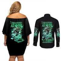 I'm Never Alone Skull Reaper Couples Matching Off Shoulder Short Dress and Long Sleeve Button Shirt - Wonder Print Shop