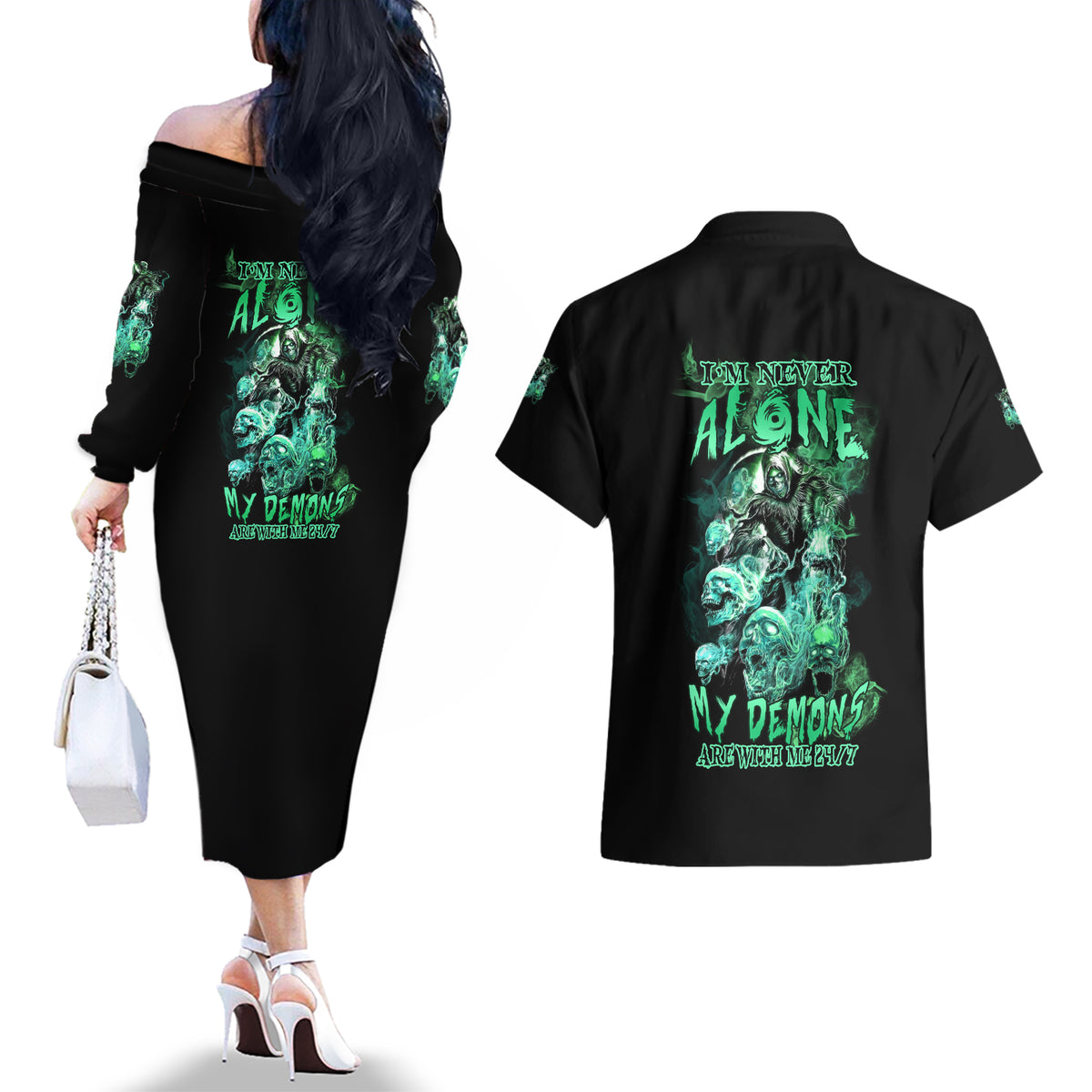 I'm Never Alone Skull Reaper Couples Matching Off The Shoulder Long Sleeve Dress and Hawaiian Shirt - Wonder Print Shop