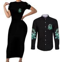 I'm Never Alone Skull Reaper Couples Matching Short Sleeve Bodycon Dress and Long Sleeve Button Shirt - Wonder Print Shop