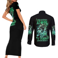 I'm Never Alone Skull Reaper Couples Matching Short Sleeve Bodycon Dress and Long Sleeve Button Shirt - Wonder Print Shop