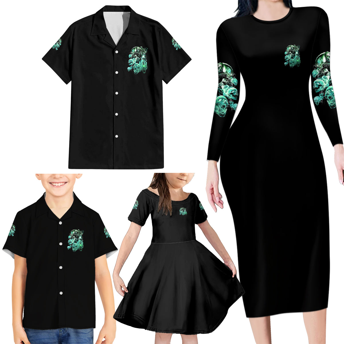 I'm Never Alone Skull Reaper Family Matching Long Sleeve Bodycon Dress and Hawaiian Shirt - Wonder Print Shop