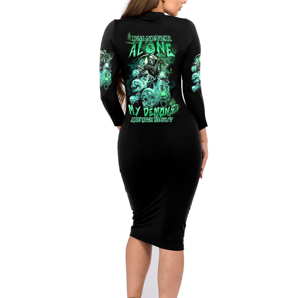 I'm Never Alone Skull Reaper Family Matching Long Sleeve Bodycon Dress and Hawaiian Shirt - Wonder Print Shop