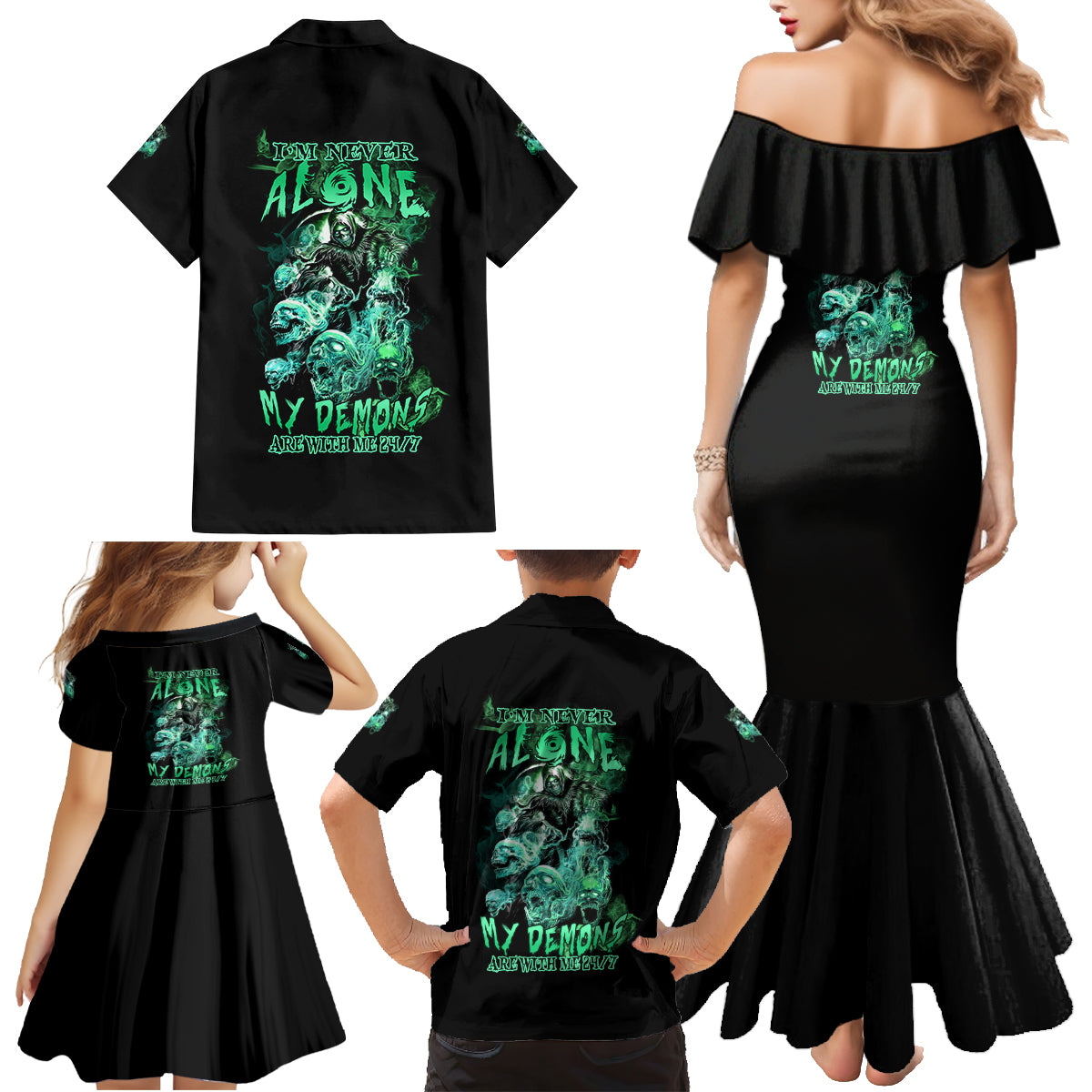 I'm Never Alone Skull Reaper Family Matching Mermaid Dress and Hawaiian Shirt - Wonder Print Shop