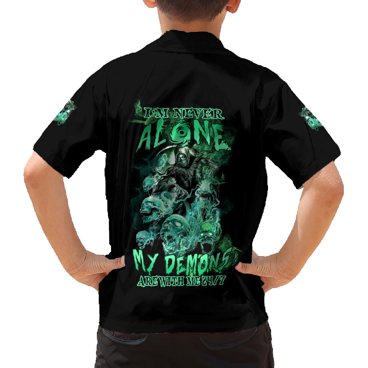 I'm Never Alone Skull Reaper Family Matching Off Shoulder Maxi Dress and Hawaiian Shirt - Wonder Print Shop