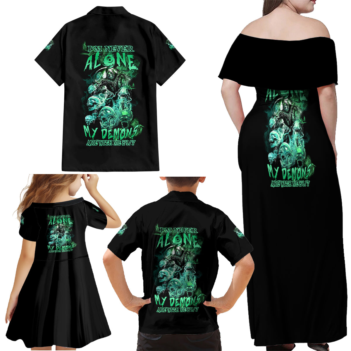 I'm Never Alone Skull Reaper Family Matching Off Shoulder Maxi Dress and Hawaiian Shirt - Wonder Print Shop