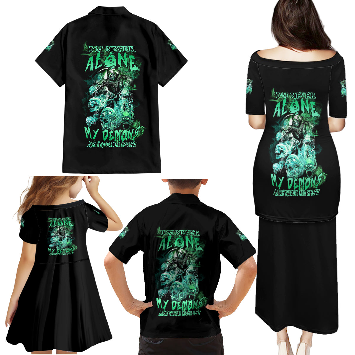 I'm Never Alone Skull Reaper Family Matching Puletasi Dress and Hawaiian Shirt - Wonder Print Shop