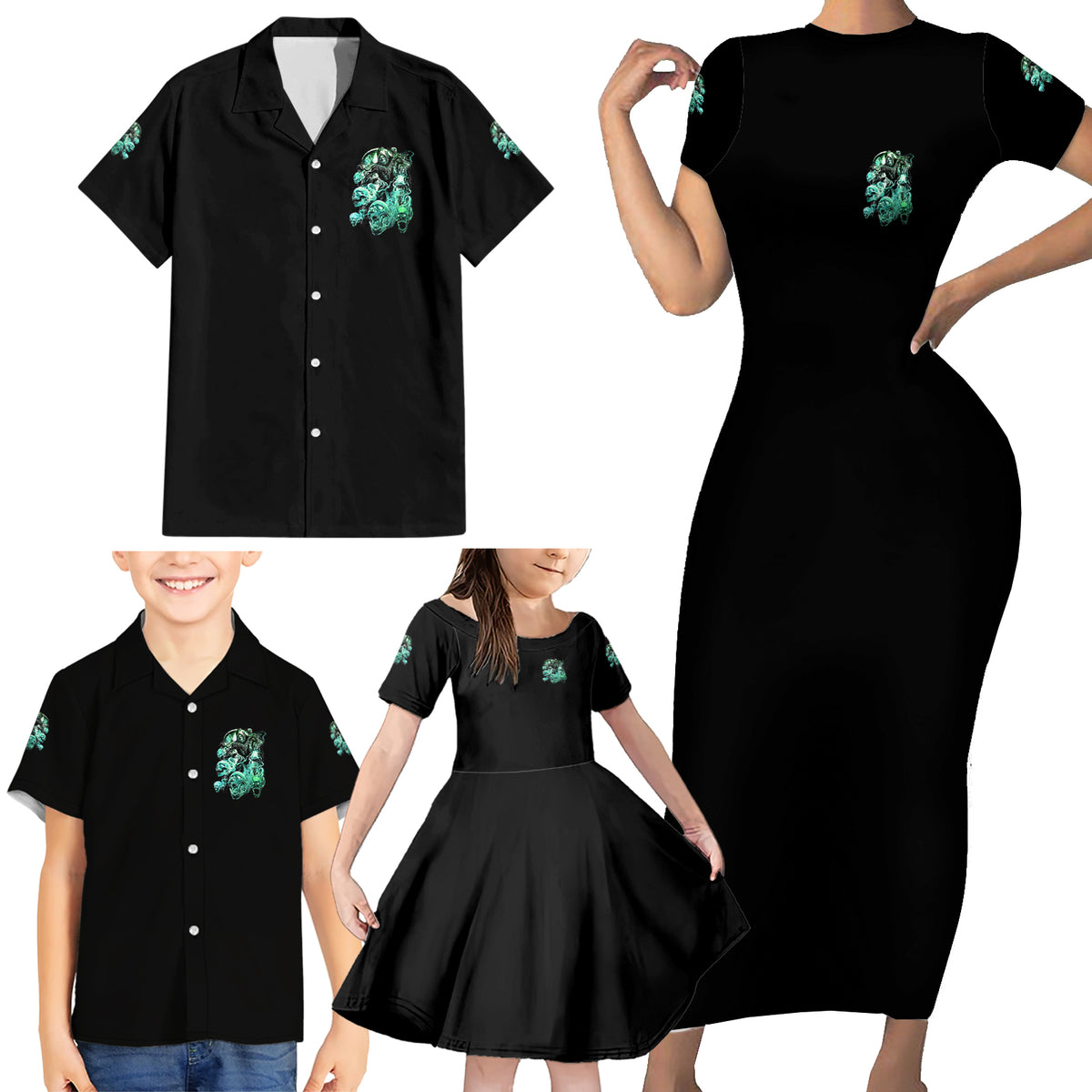 I'm Never Alone Skull Reaper Family Matching Short Sleeve Bodycon Dress and Hawaiian Shirt - Wonder Print Shop