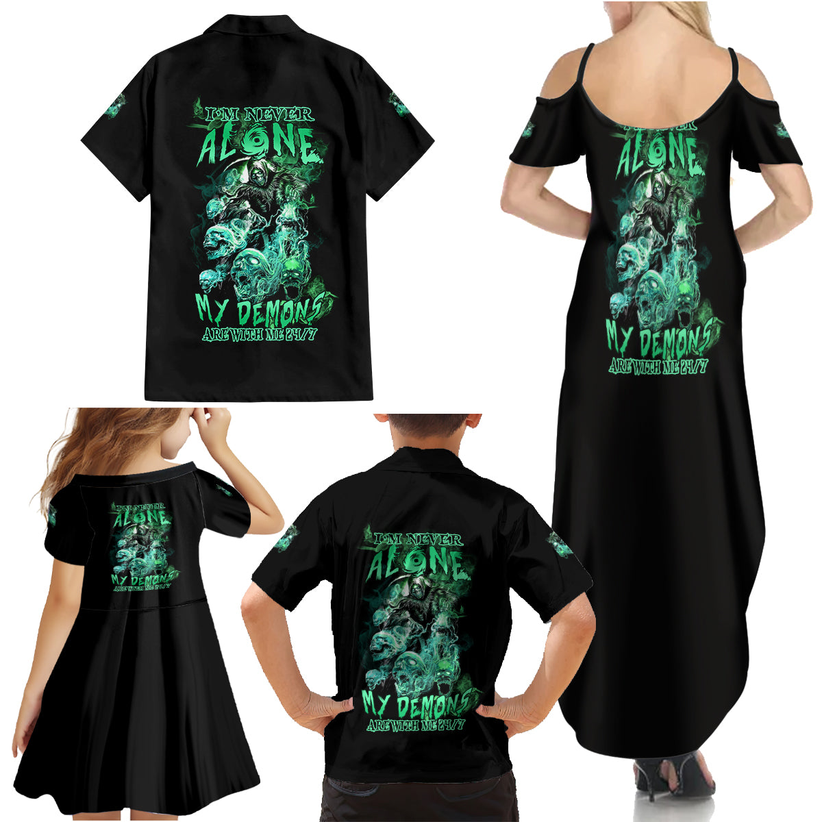 I'm Never Alone Skull Reaper Family Matching Summer Maxi Dress and Hawaiian Shirt - Wonder Print Shop