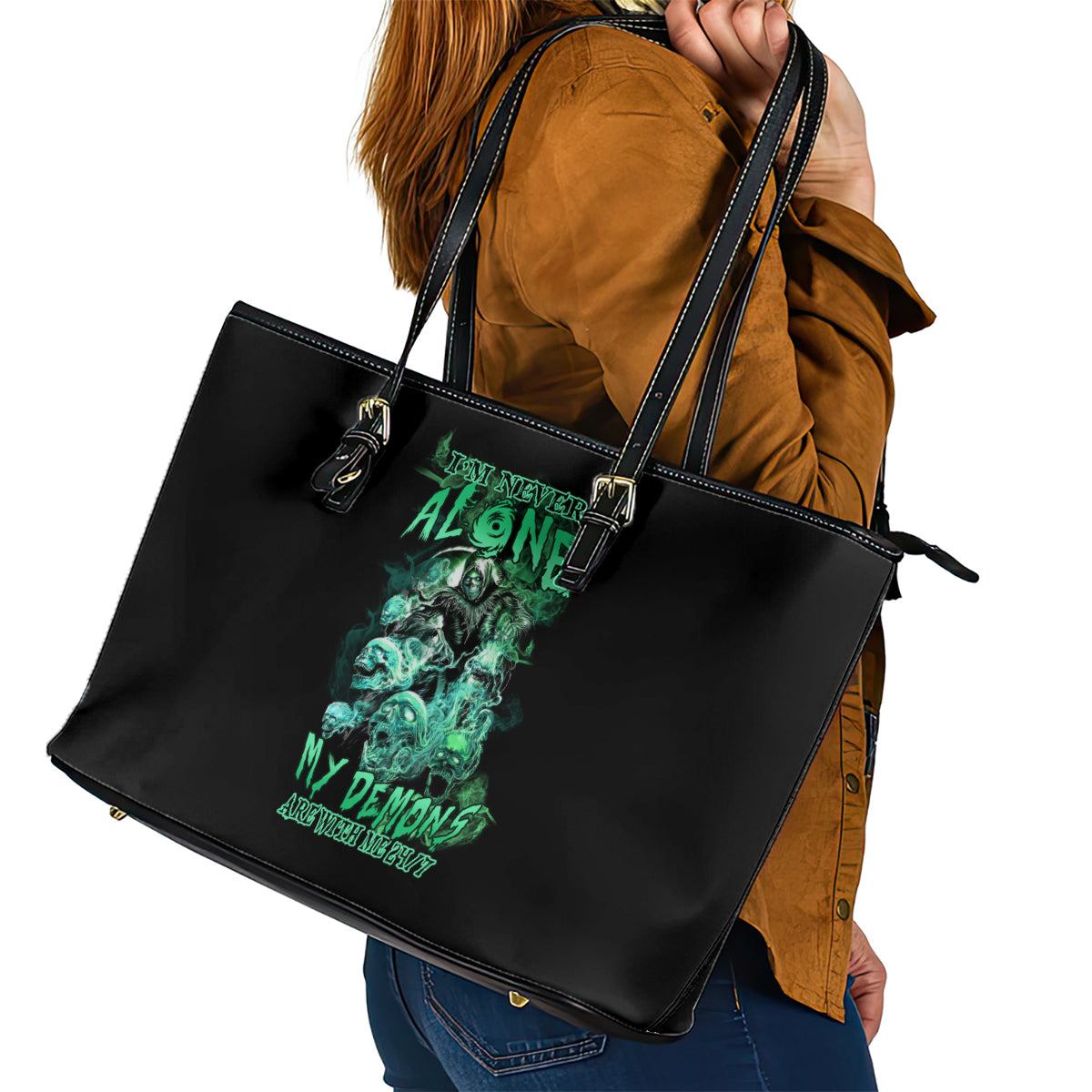I'm Never Alone Skull Reaper Leather Tote Bag - Wonder Print Shop