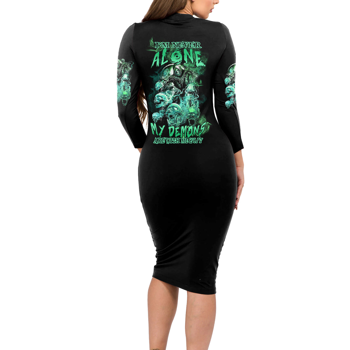 I'm Never Alone Skull Reaper Long Sleeve Bodycon Dress - Wonder Print Shop