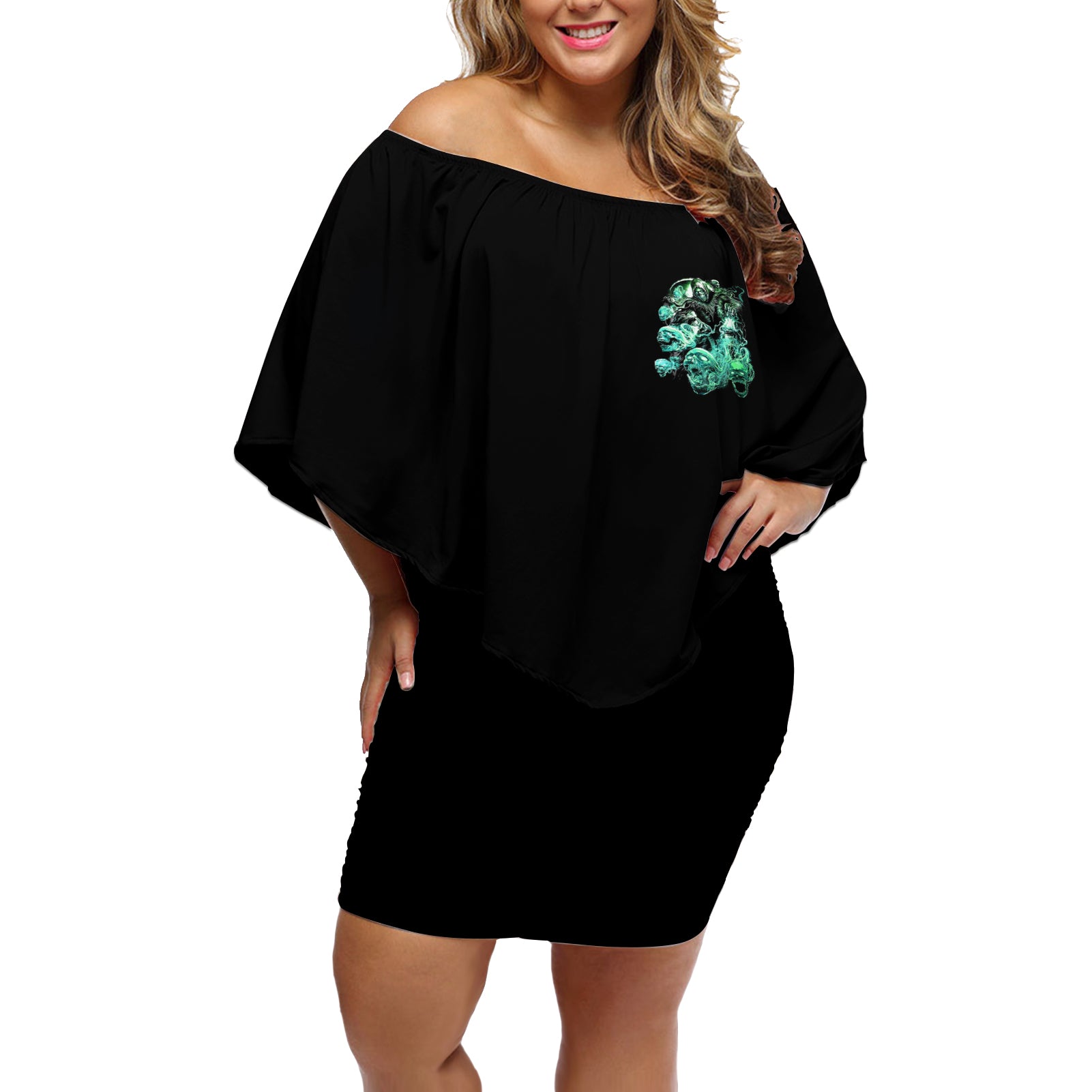 I'm Never Alone Skull Reaper Off Shoulder Short Dress - Wonder Print Shop