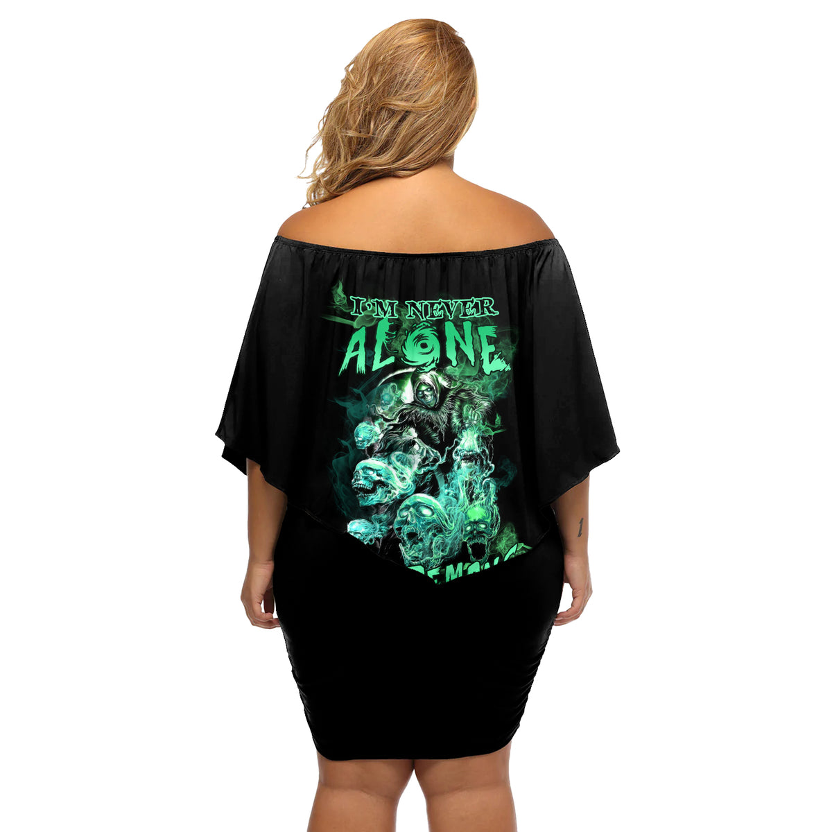 I'm Never Alone Skull Reaper Off Shoulder Short Dress - Wonder Print Shop