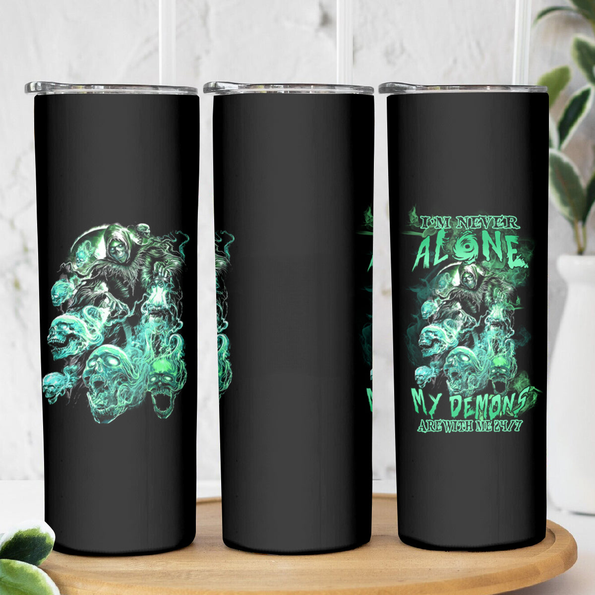 I'm Never Alone Skull Reaper Skinny Tumbler - Wonder Print Shop