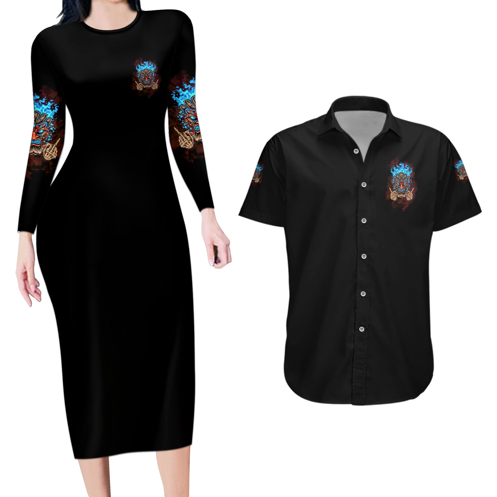 My Give A F Tiki Skull Couples Matching Long Sleeve Bodycon Dress and Hawaiian Shirt - Wonder Print Shop