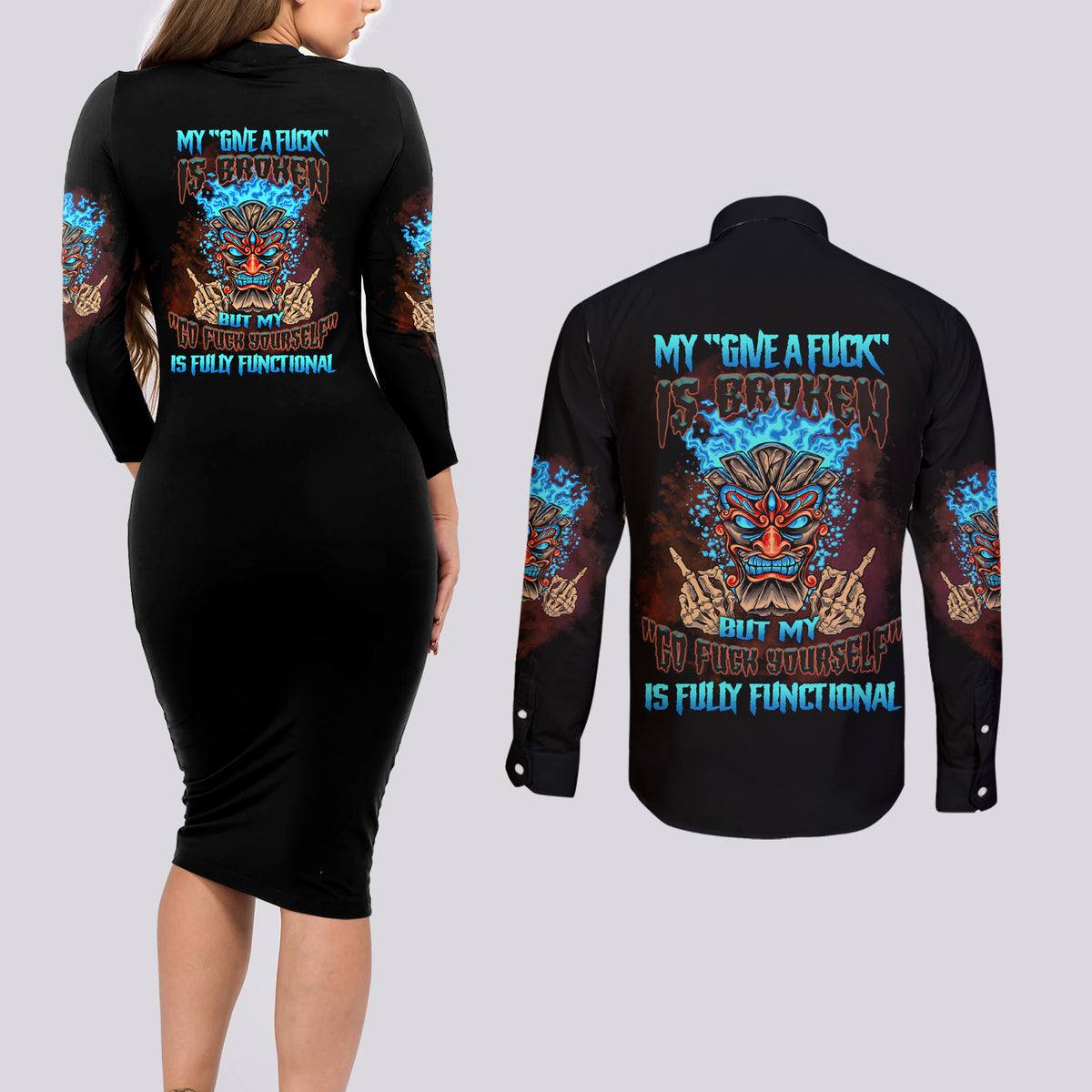 My Give A F Tiki Skull Couples Matching Long Sleeve Bodycon Dress and Long Sleeve Button Shirt - Wonder Print Shop
