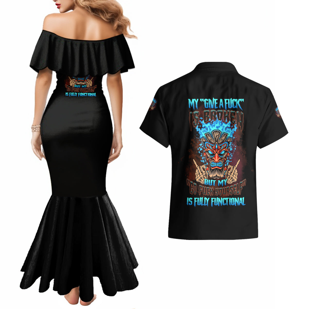My Give A F Tiki Skull Couples Matching Mermaid Dress and Hawaiian Shirt - Wonder Print Shop