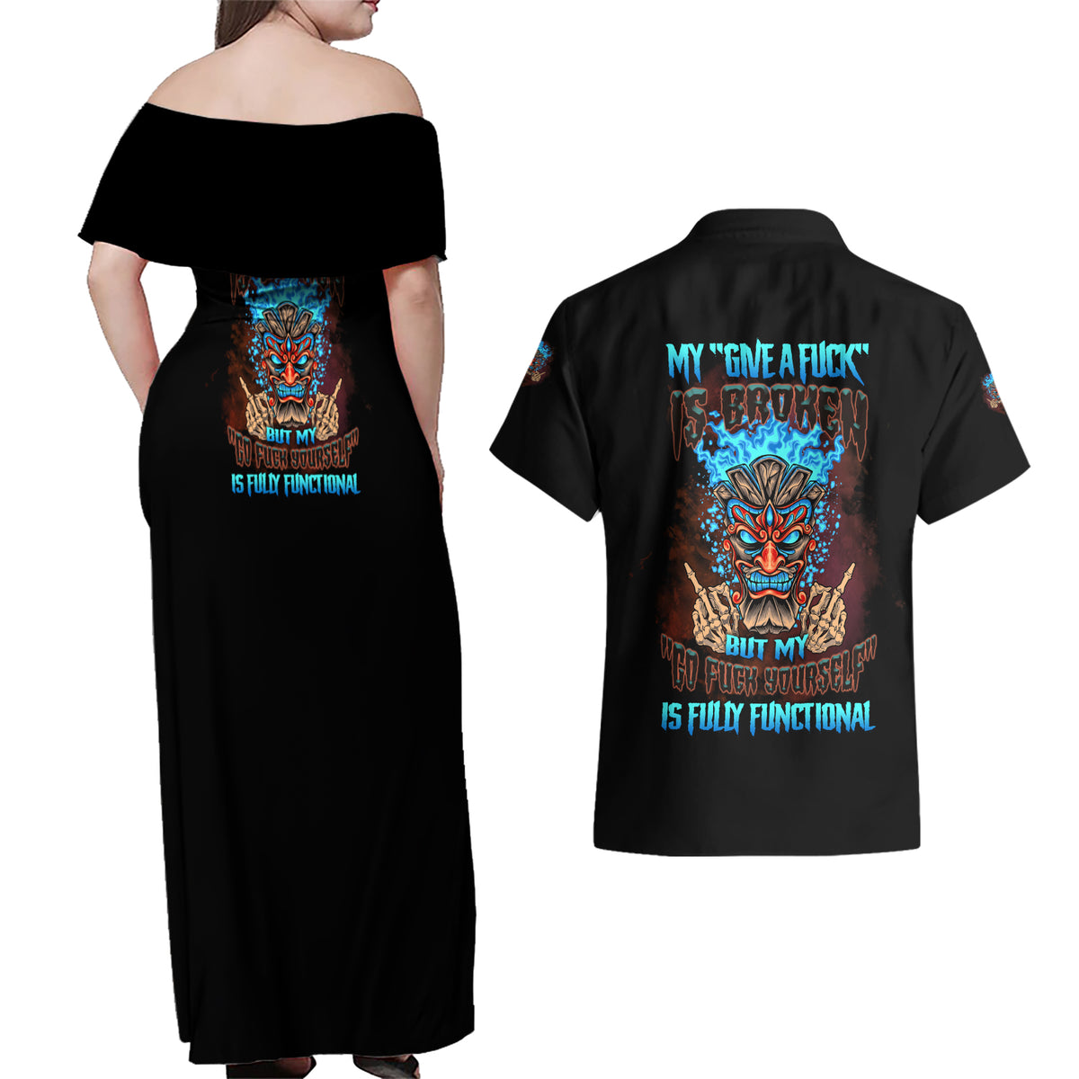 My Give A F Tiki Skull Couples Matching Off Shoulder Maxi Dress and Hawaiian Shirt - Wonder Print Shop