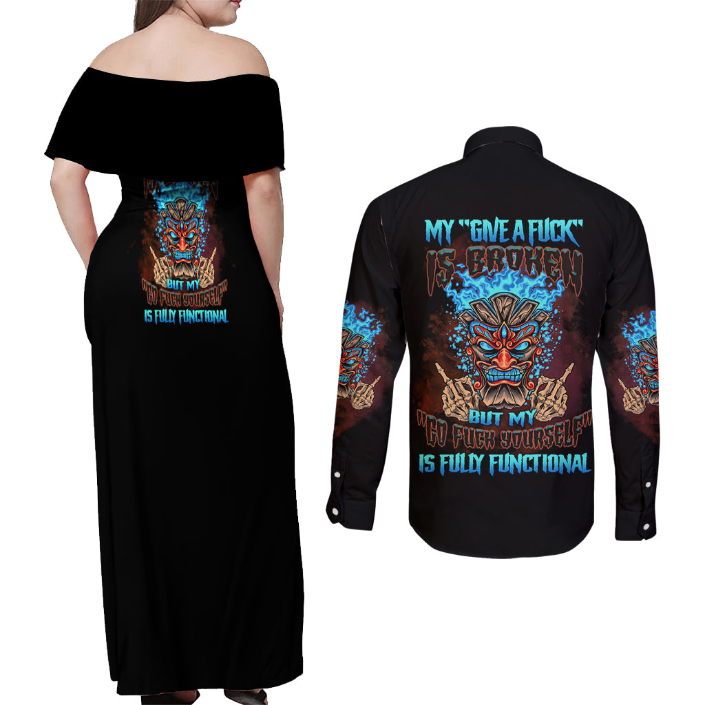 My Give A F Tiki Skull Couples Matching Off Shoulder Maxi Dress and Long Sleeve Button Shirt - Wonder Print Shop