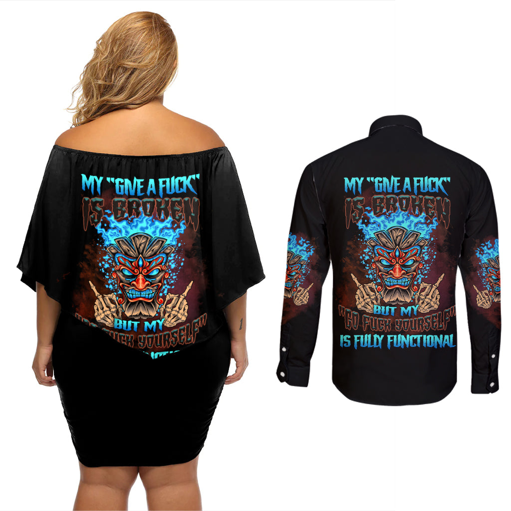 My Give A F Tiki Skull Couples Matching Off Shoulder Short Dress and Long Sleeve Button Shirt - Wonder Print Shop