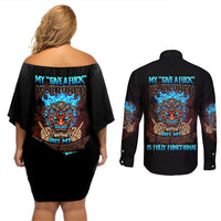 My Give A F Tiki Skull Couples Matching Off Shoulder Short Dress and Long Sleeve Button Shirt - Wonder Print Shop