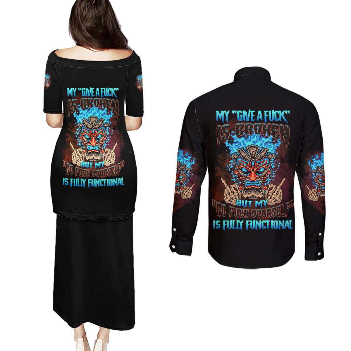 My Give A F Tiki Skull Couples Matching Puletasi Dress and Long Sleeve Button Shirt - Wonder Print Shop