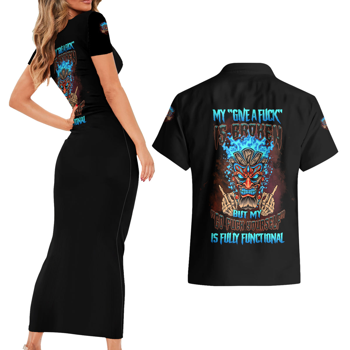 My Give A F Tiki Skull Couples Matching Short Sleeve Bodycon Dress and Hawaiian Shirt - Wonder Print Shop