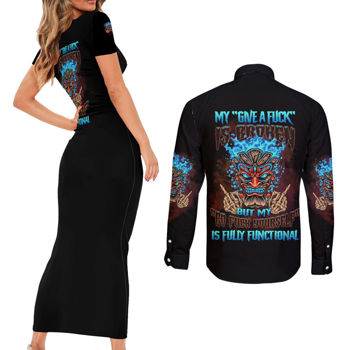 My Give A F Tiki Skull Couples Matching Short Sleeve Bodycon Dress and Long Sleeve Button Shirt - Wonder Print Shop