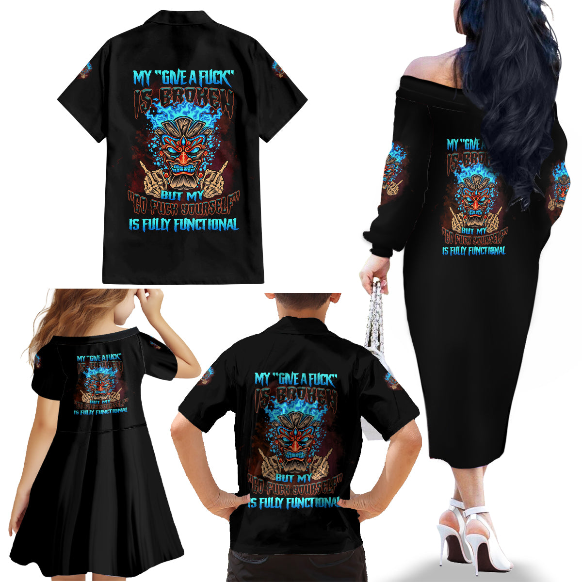 My Give A F Tiki Skull Family Matching Off Shoulder Long Sleeve Dress and Hawaiian Shirt - Wonder Print Shop