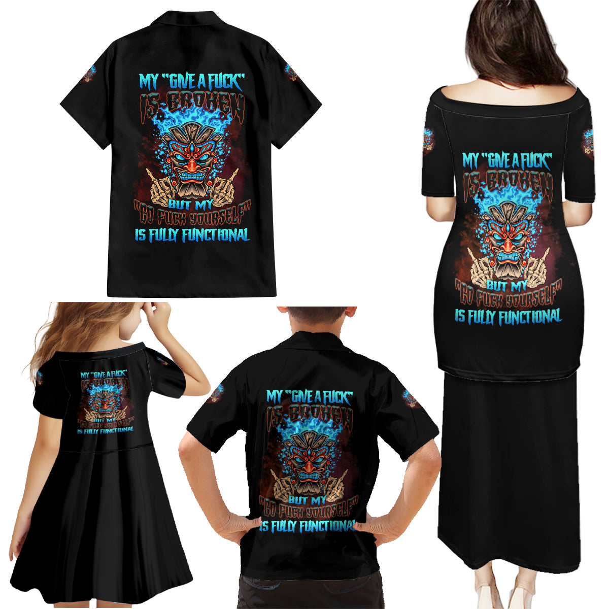 My Give A F Tiki Skull Family Matching Puletasi Dress and Hawaiian Shirt - Wonder Print Shop
