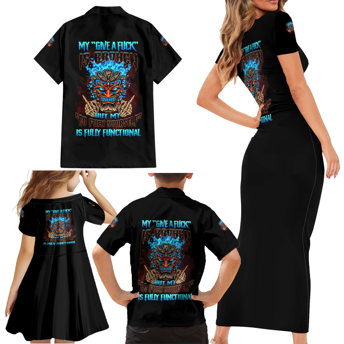 My Give A F Tiki Skull Family Matching Short Sleeve Bodycon Dress and Hawaiian Shirt - Wonder Print Shop