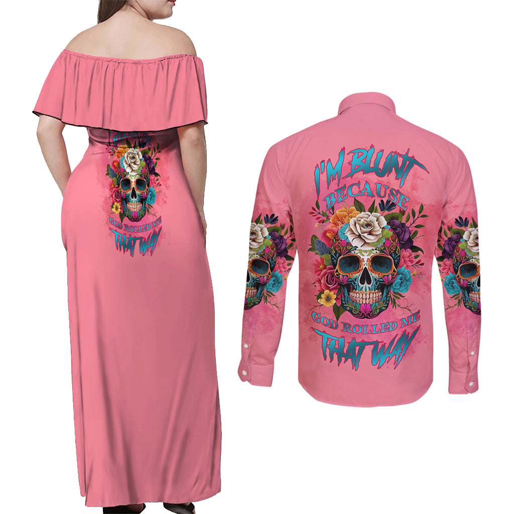 I'm Blunt Because God Rolled Me Couples Matching Off Shoulder Maxi Dress and Long Sleeve Button Shirt - Wonder Print Shop
