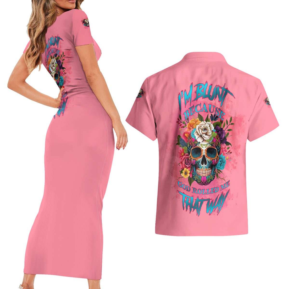 I'm Blunt Because God Rolled Me Couples Matching Short Sleeve Bodycon Dress and Hawaiian Shirt - Wonder Print Shop
