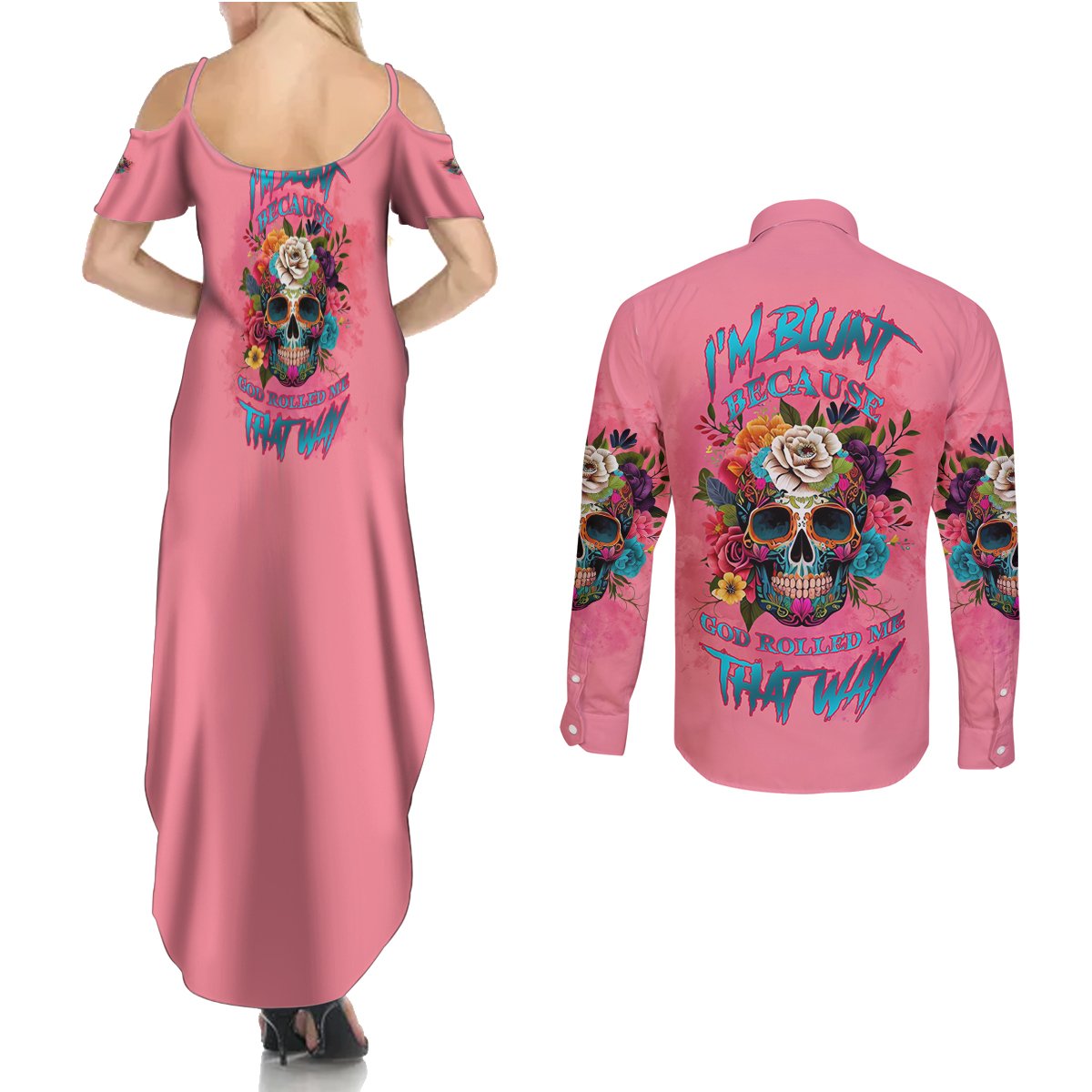 I'm Blunt Because God Rolled Me Couples Matching Summer Maxi Dress and Long Sleeve Button Shirt - Wonder Print Shop