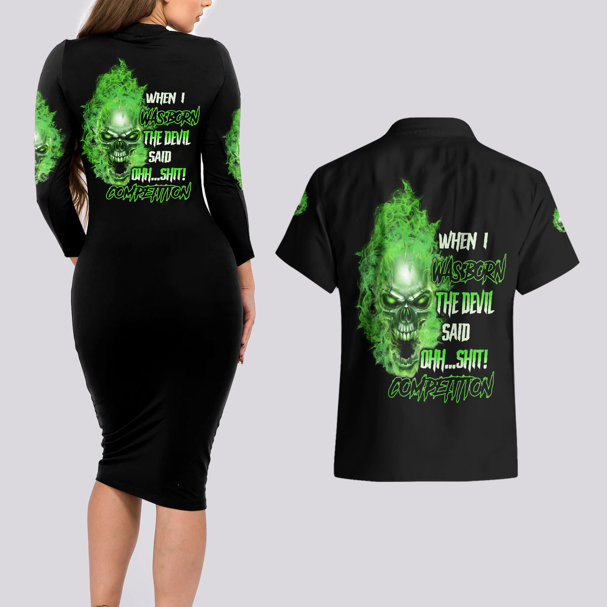 When I Was Born Skull Couples Matching Long Sleeve Bodycon Dress and Hawaiian Shirt - Wonder Print Shop