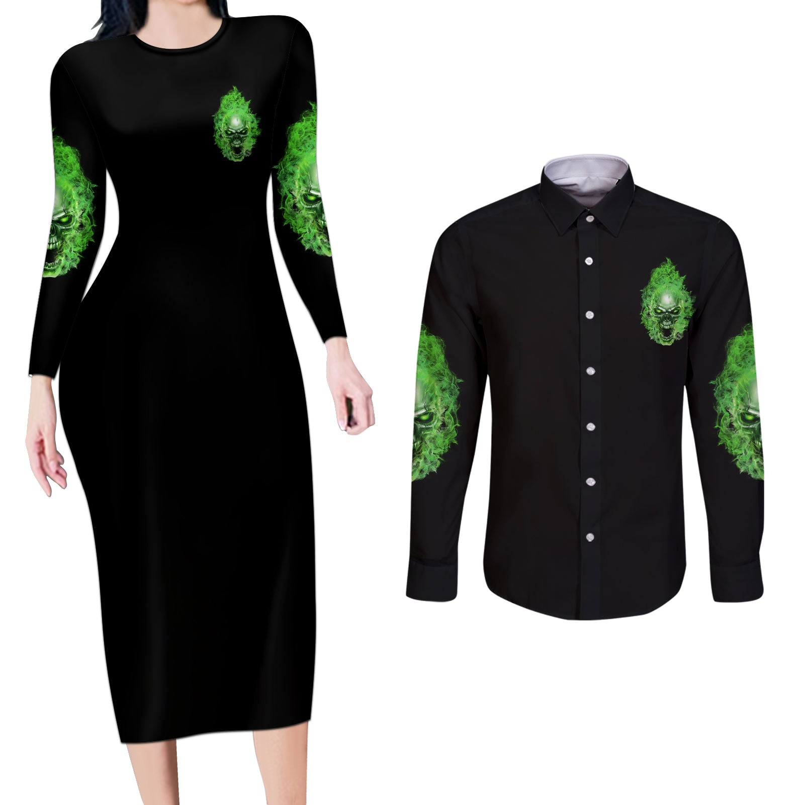 When I Was Born Skull Couples Matching Long Sleeve Bodycon Dress and Long Sleeve Button Shirt - Wonder Print Shop