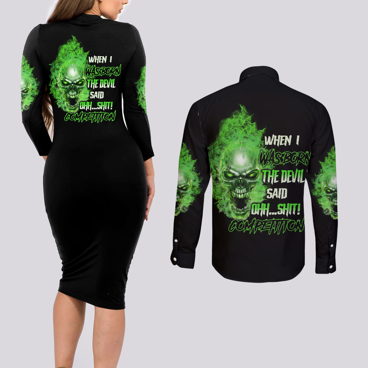 When I Was Born Skull Couples Matching Long Sleeve Bodycon Dress and Long Sleeve Button Shirt - Wonder Print Shop