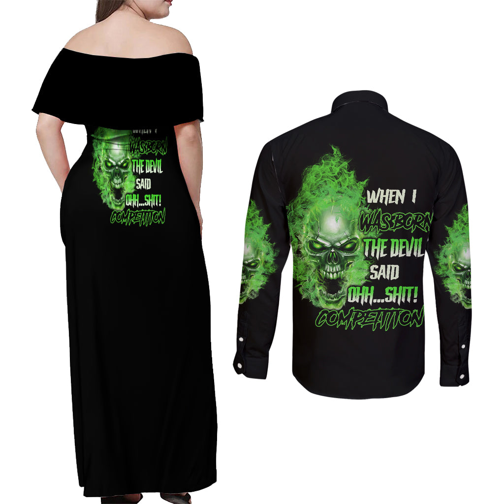When I Was Born Skull Couples Matching Off Shoulder Maxi Dress and Long Sleeve Button Shirt - Wonder Print Shop